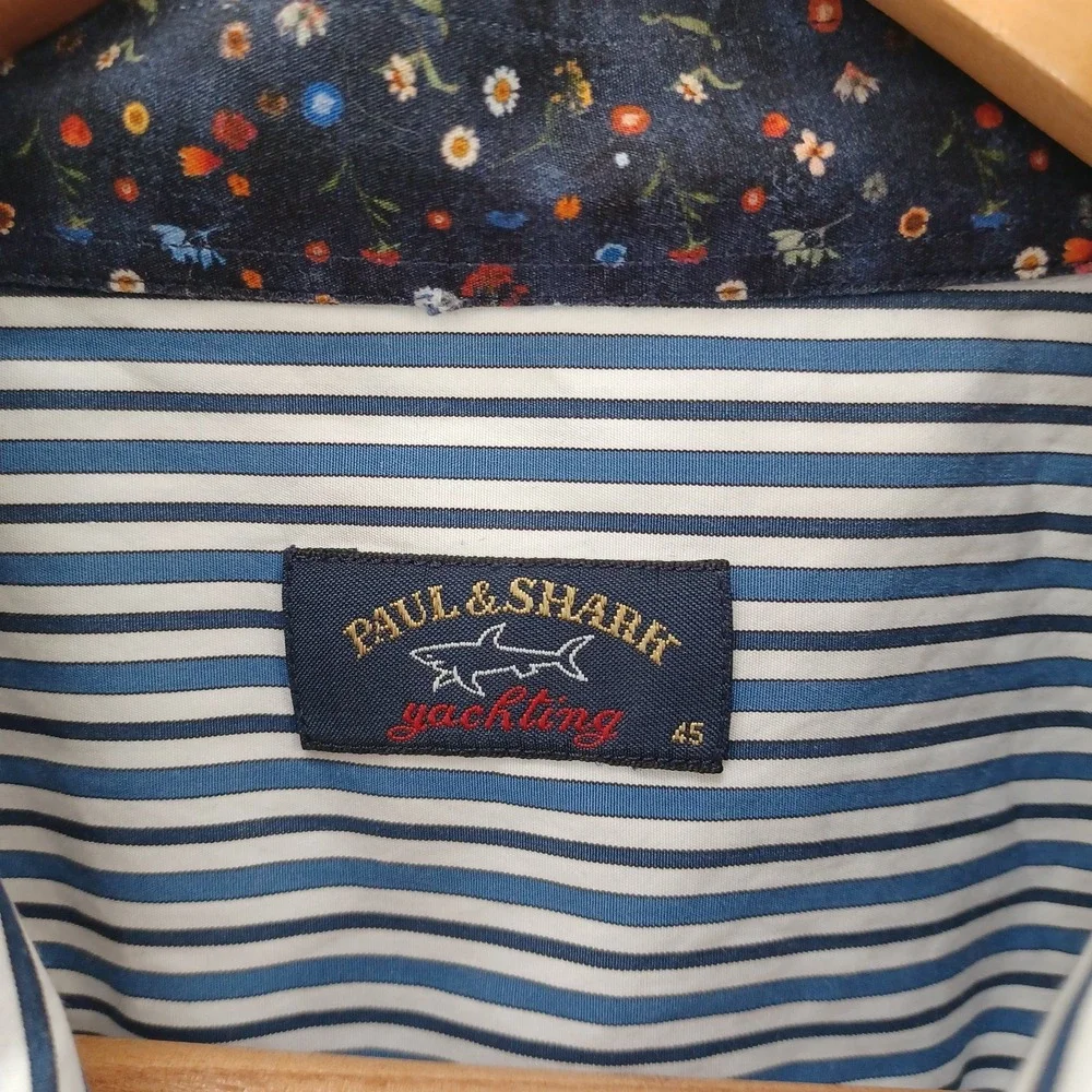 Paul‎ & Shark Shirt Mens XL 45 Blue Yellow Striped Adult Yachting Italy Made